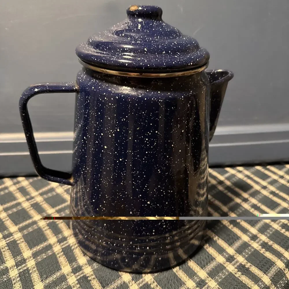 Vintage blue speckled enamelware coffee/tea pot kettle